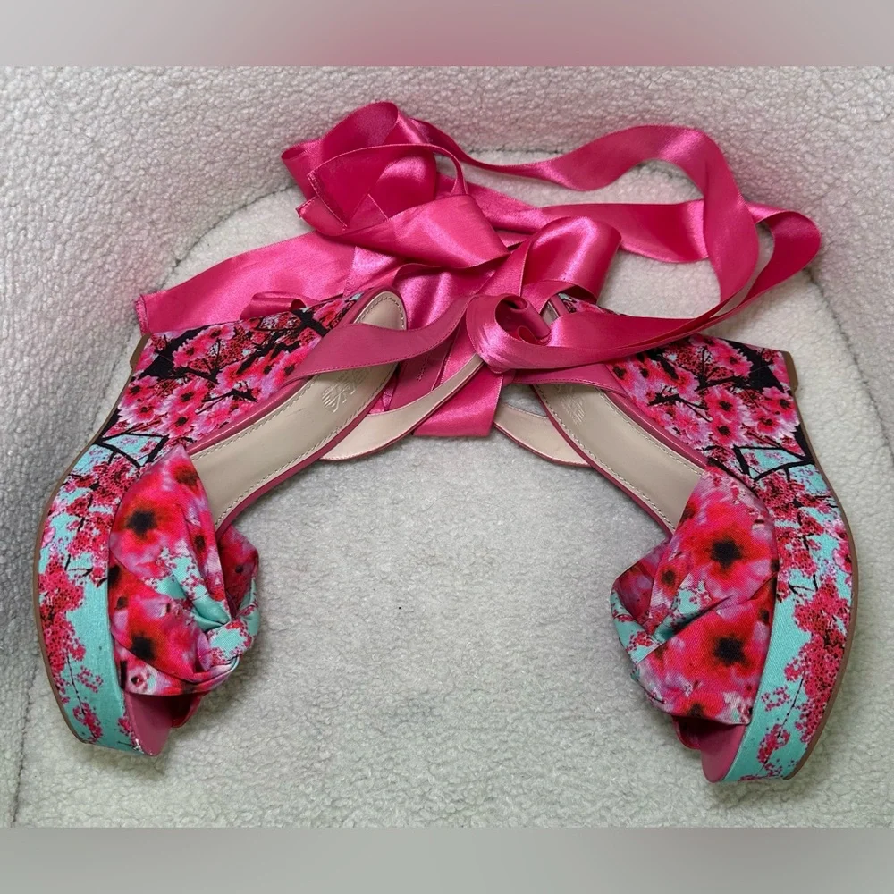 Kirna Zabete wedge platform pink floral flowers ballerina satin leg wrap tie bow